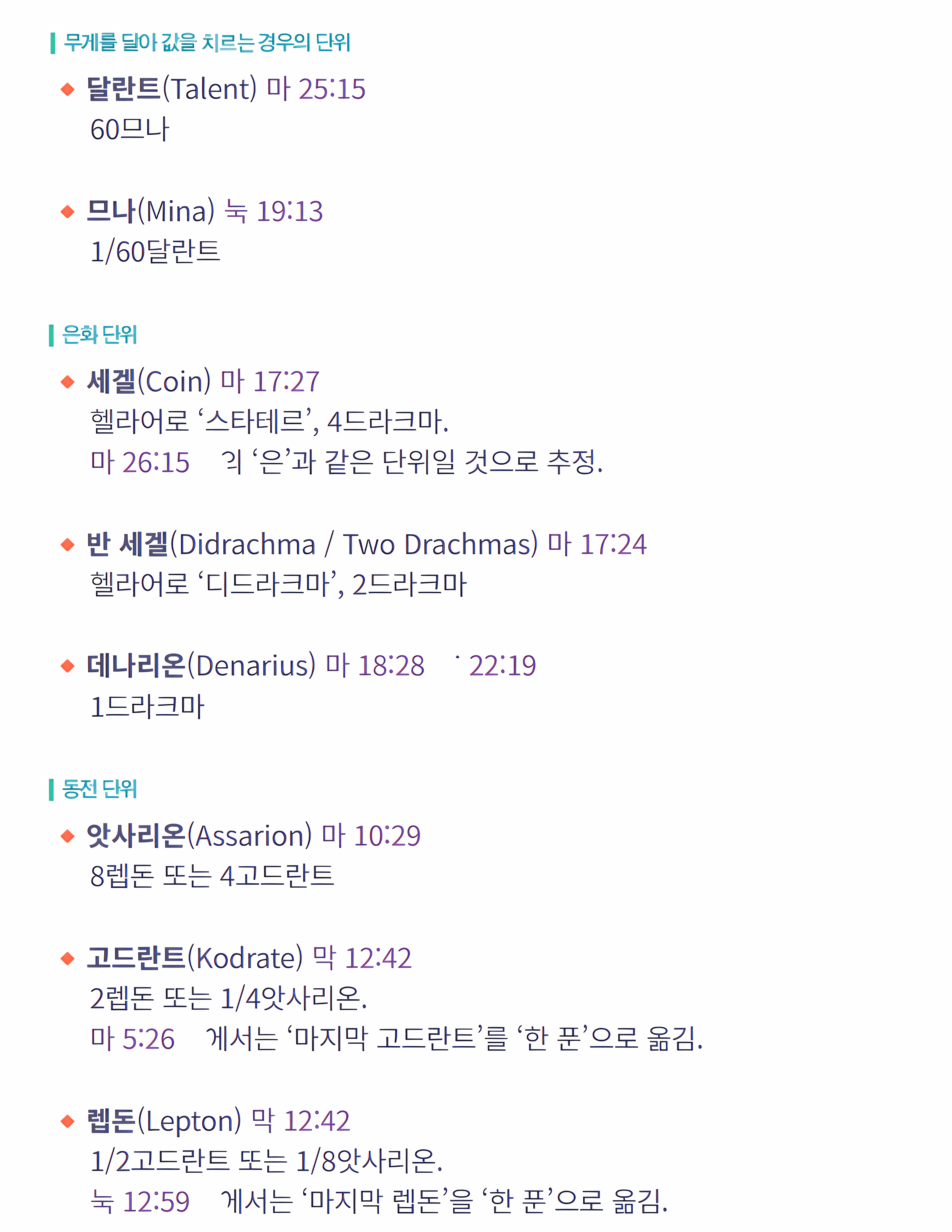 신약 시대의 화폐 단위 — 무게단위·은화·동전